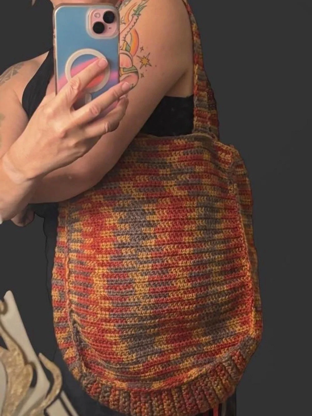 🧶Handmade Marled Crochet Shoulder Tote Bag Boho Folk Slouchy